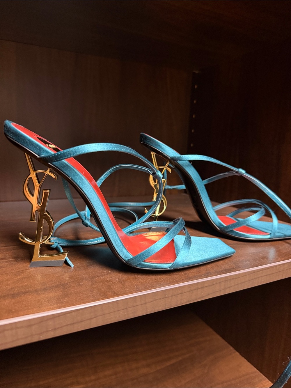 Saint Laurent Opyum 110 Silk Duck Blue Satin YSL Heel Sandals 39.5
